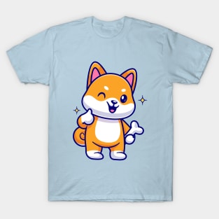 Cute Shiba Inu Holding Bone With Thumb Up Cartoon T-Shirt